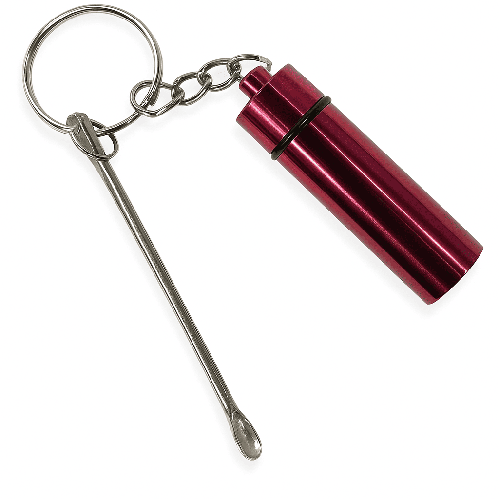 Baller-Fläschchen & Aluminium-Pillenbox mit Löffel – Rot - Praktisch & stilvoll