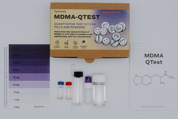 Mobiler Drogen Schnelltest Drug Screening Miraculix MDMA advanced QTest Pillen Teile Kristalle