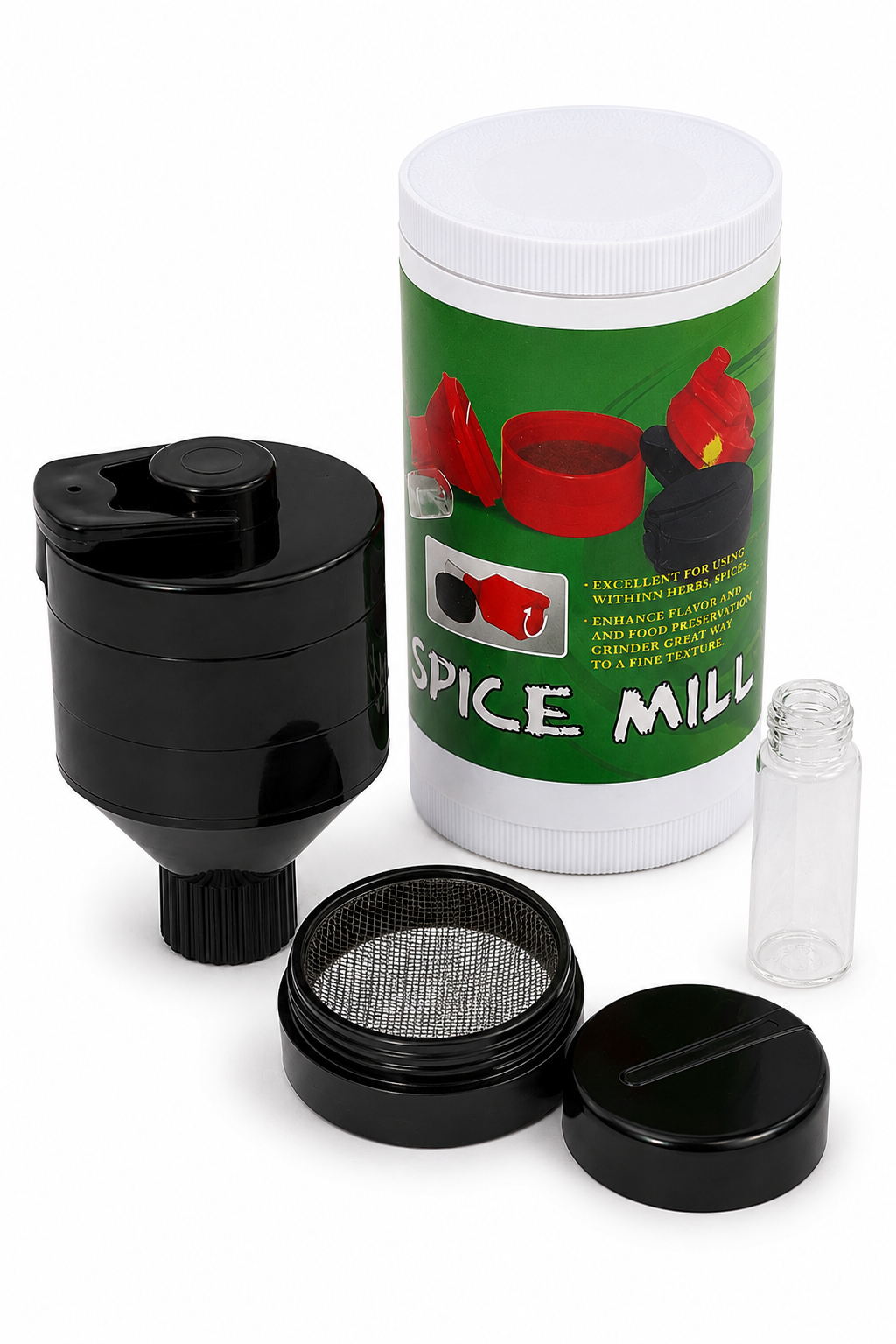 Snuff Mühle – Kompaktes Mahl-Set mit Fläschchen & Aufbewahrungsdose 🌿✨