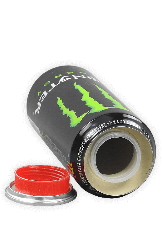 Geöffnete schwarze Energy-Drink-Versteckdose mit verborgenem Stauraum für kleine Gegenstände