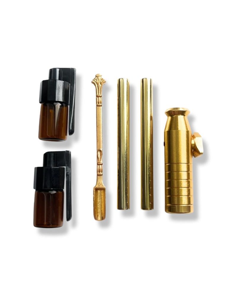 Deluxe Kunstleder Case Set "Canvas Beige“ mit Löffel, Alu-Dosierer, Spendern & Ziehröhrchen in Gold edel mit Anhänger in beige/schwarz/gold