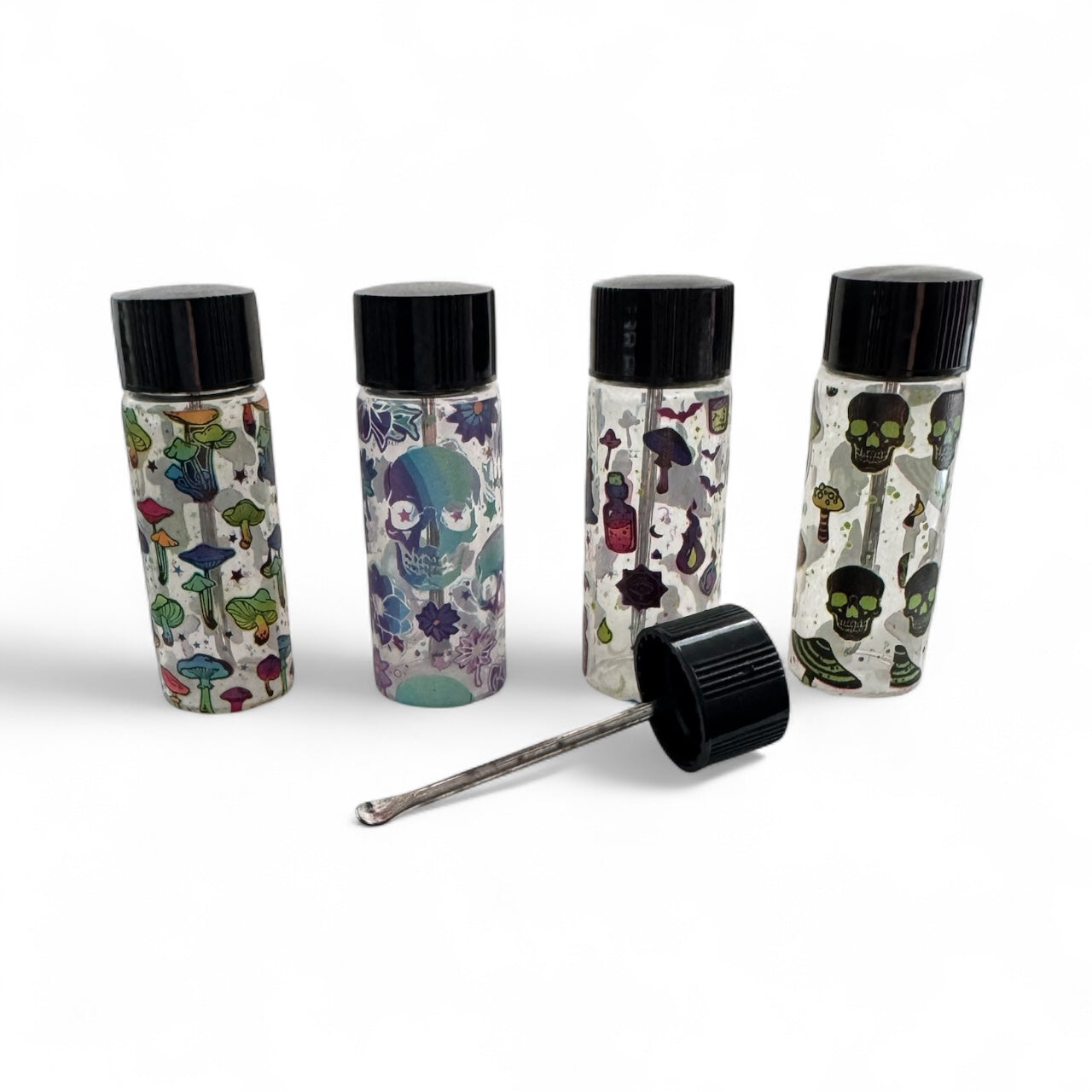 XL Glasfläschchen mit Löffel im Deckel – Bunter Print