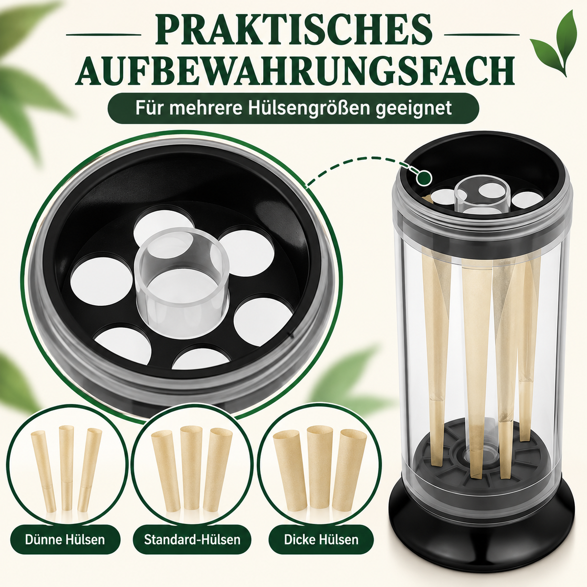 Druckknopf an der Unterseite zum einfachen Entnehmen der gefüllten Hülse