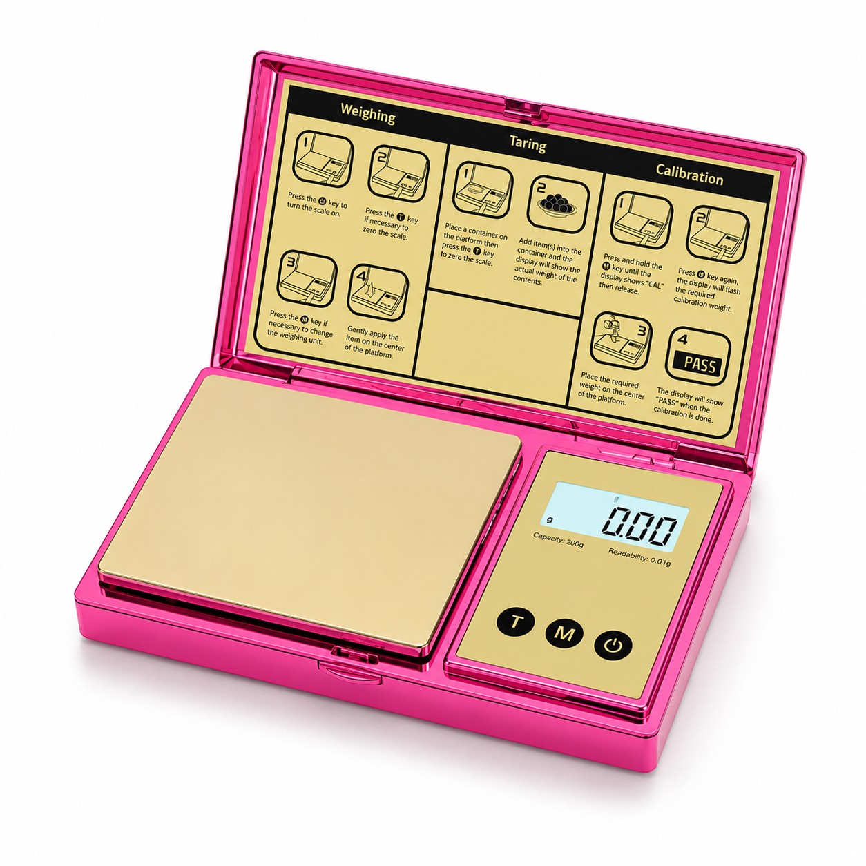 DieBallerei digitale Präzisions-Taschenwaage in Pink mit goldener Wiegefläche, LCD-Display und Bedienungsanleitung