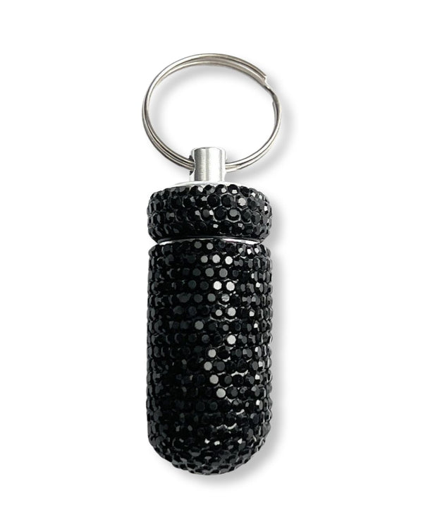 Boite de rangement capsule pilulier aluminium avec bouchon à vis et porte clé avec décoration strass noir