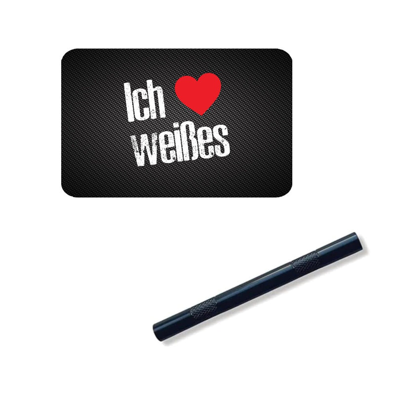 Alu Röhrchen in schwarz/geriffelt (80mm) und Hack-Karte „Ich liebe weißes“ für Schnupftabak