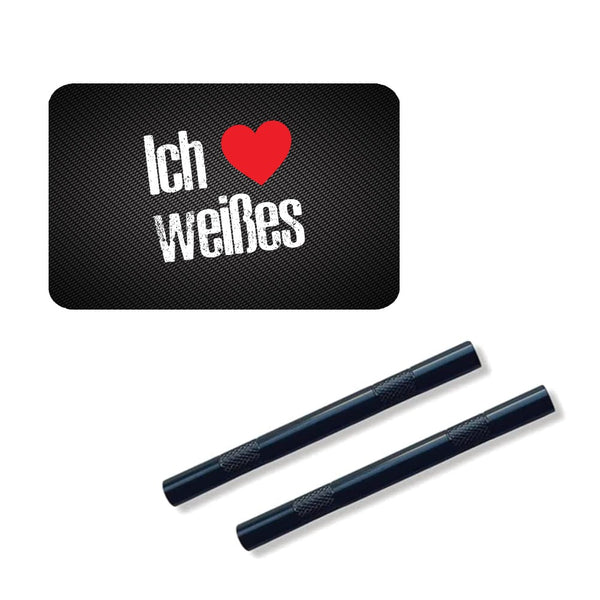 2 Alu Röhrchen in schwarz/geriffelt (80mm) und Hack-Karte „ich liebe weißes“ für Schnupftabak