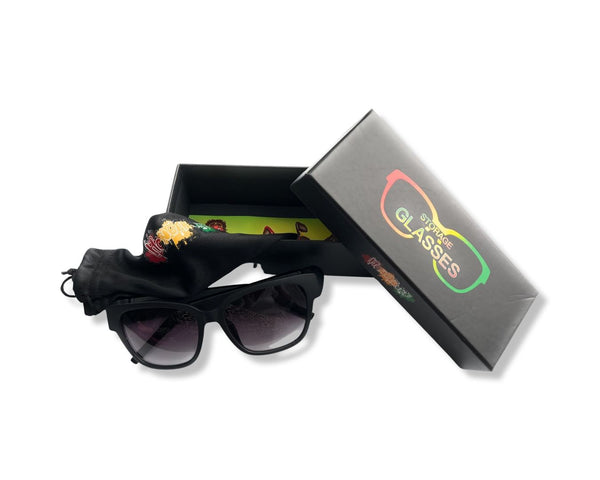 Black sunglasses glasses with hidden secret compartments in the temples, deceptively real, for small parts pill box