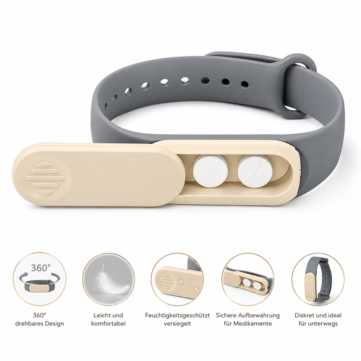 360 Grad drehbare Medikamentenbox im Armband-Design zur diskreten Aufbewahrung von Tabletten und kleinen Gegenständen am Handgelenk