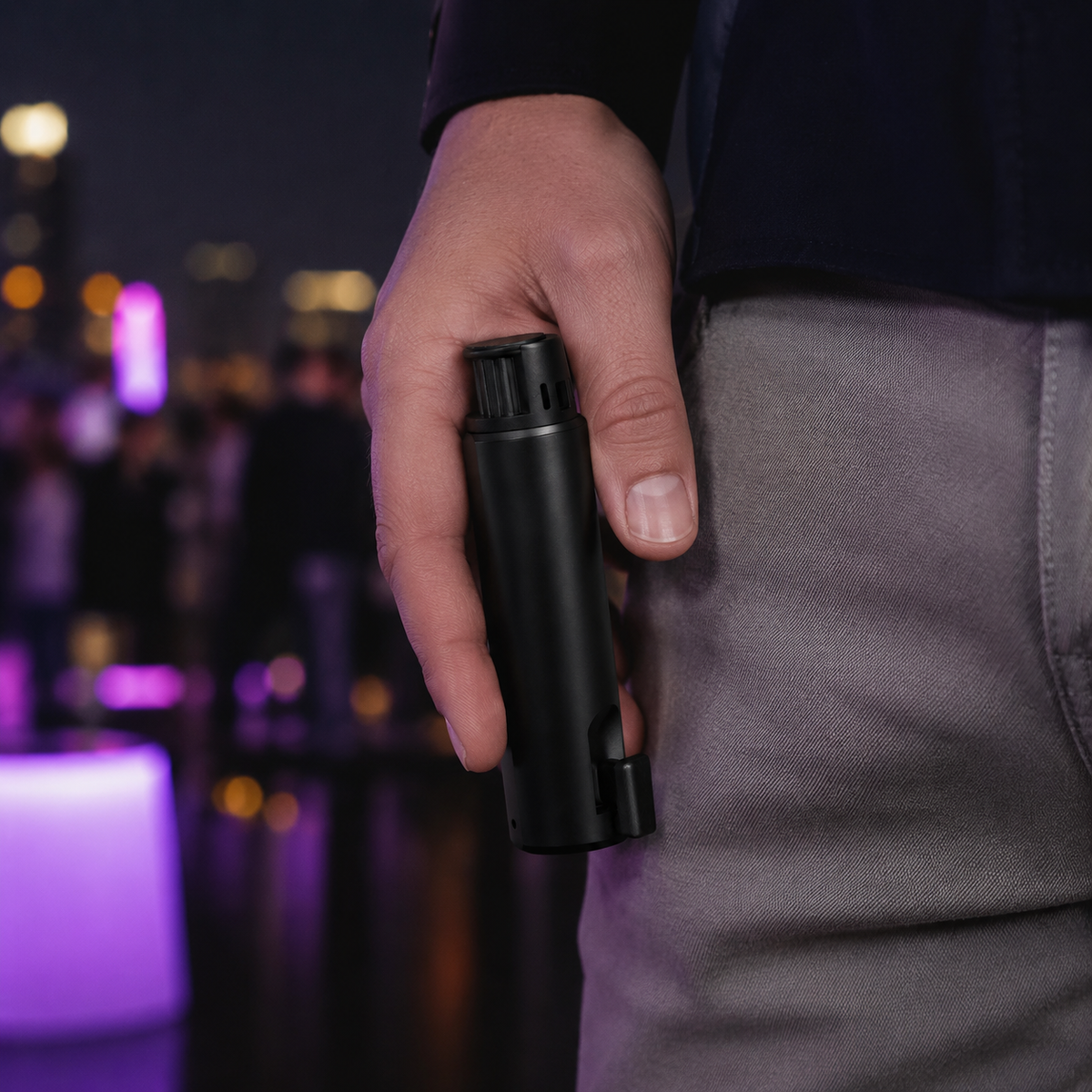 Kompakter schwarzer SniffHit All-in-One Dosierer in einer Hand