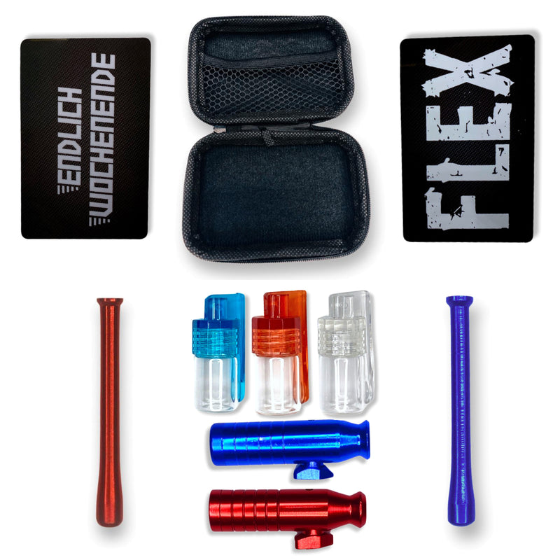 Snuff set in a hard case including 2x drawing tubes, 2x aluminum dispensers and 3x mini dispensers with spoon