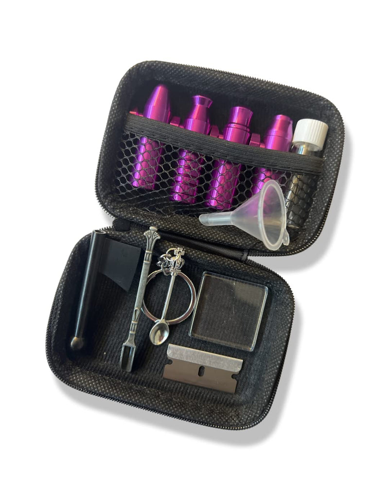Storage container case with 4x aluminum bullet dispensers, 1x glass storage box, 1x aluminum hatchet, 1x spoon, 1x pendant spoon, 1x mini glass plate, 1x razor blade & mini funnel for snuff purple