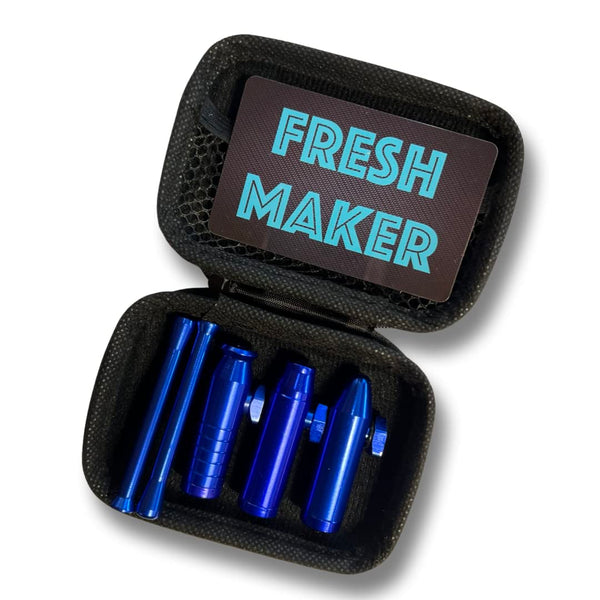 ELEGANT Hard Case Snuff Set Deluxe dans un étui bleu avec deux tubes, TROIS doses et carte Fresh Maker pour le tabac à priser
