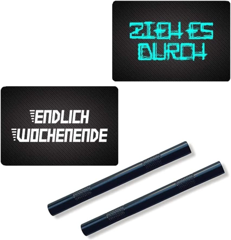 2 tubes en aluminium noir/nervuré (80 mm) et avec cartes "PULL IT THROUGH" et "FINALLY WEEKEND" Snuff Snorter Sniffer Snuffer pour tabac à priser