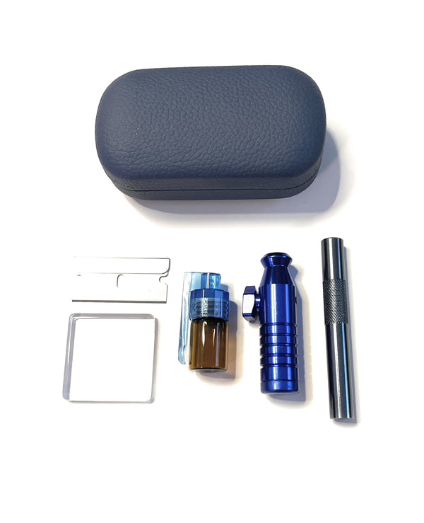 SET Dark Blue Sniff Snuff Sniffer Schnupf Spender Dispenser (Röhrchen, Mini-Glasplatte, Spender mit Löffel, Dosierer, Klinge) in Hard Case