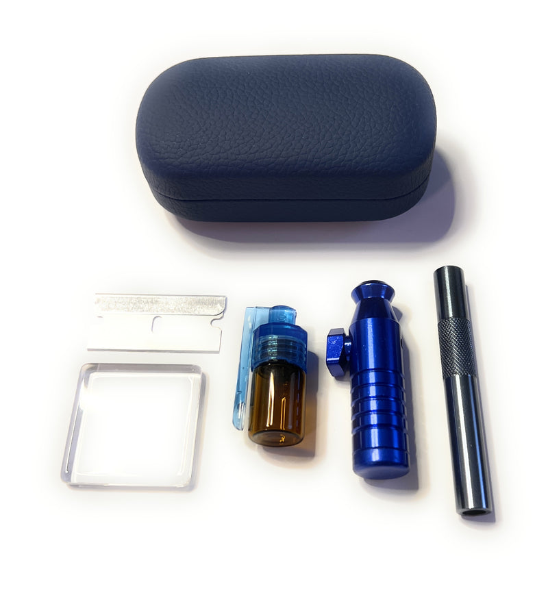 SET Bleu Foncé Sniff Snuff Sniffer Snuff Distributeur Distributeur (tube, mini plaque en verre, distributeur avec cuillère, distributeur, lame) dans un étui rigide