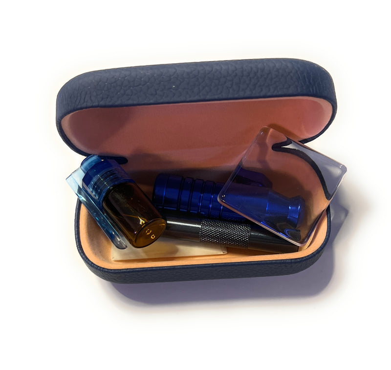 SET Dark Blue Sniff Snuff Sniffer Dispenser Dispenser (tube, mini glass plate, dispenser with spoon, doser, blade) in hard case