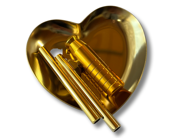 Gold Herz SET 1x Metall Brettchen inkl. 2 Ziehröhrchen, Dosierer & Karte Straw Ziehunterlage Classy Edel Straw Tube Sniff Snuff