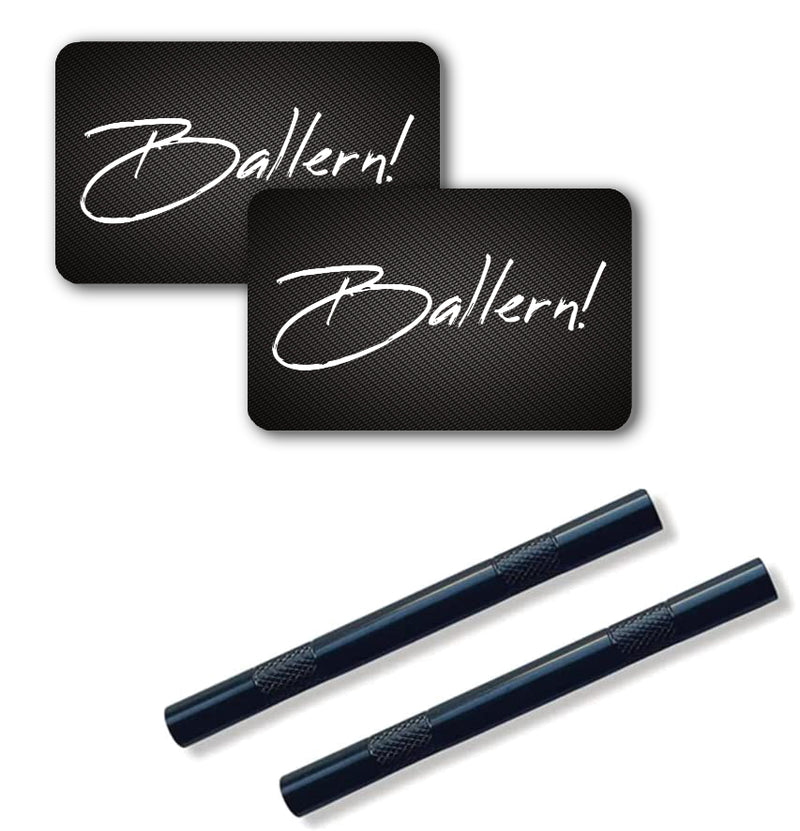 2 aluminum tubes in black/ribbed (80mm) with 2x "BALLERN!" Cards Snuff Snorter Sniffer Snuffer for snuff set for snuff