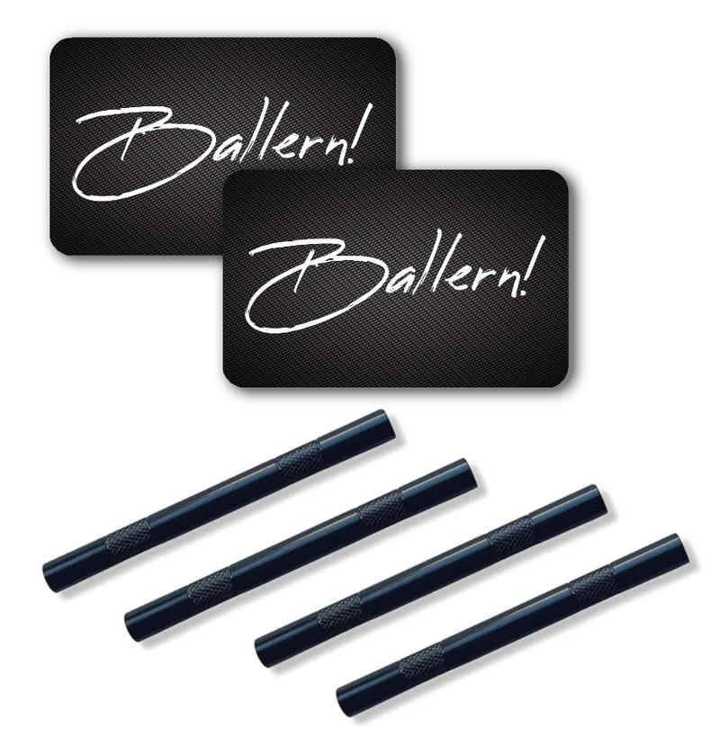 4 aluminum tubes in black/ribbed (80mm) & with 2x "BALLERN!" Cards Snuff Snorter Sniffer Snuffer for snuff set for snuff
