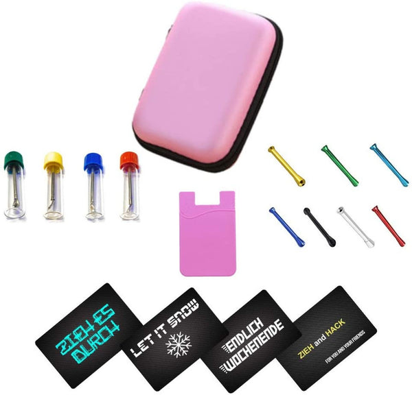 Pink soft case for snuff deluxe with 7 tubes, 4 dispensers with spoons, pink debit card holder and 4 unique debit cards