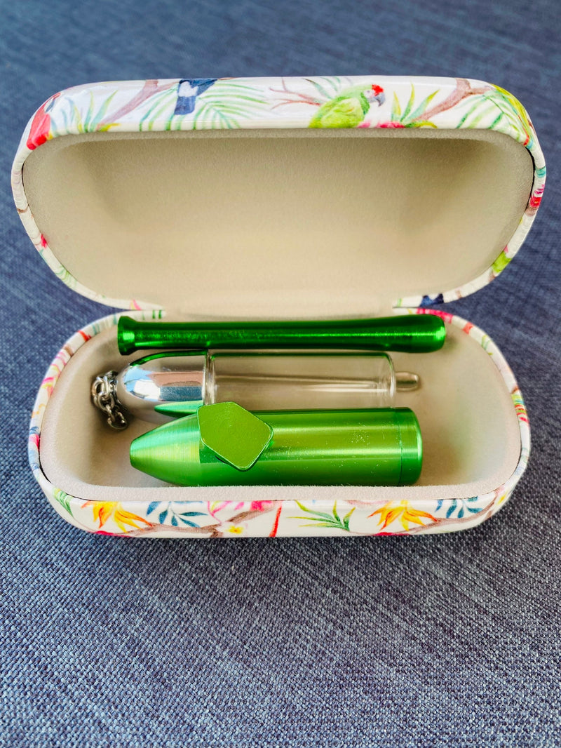 SET Tropical Green/Silver Sniff Snuff Sniffer Schnupf Spender Dispenser Dispensers (Röhrchen, Dosierer, Spender mit Löffel) in Hard Case