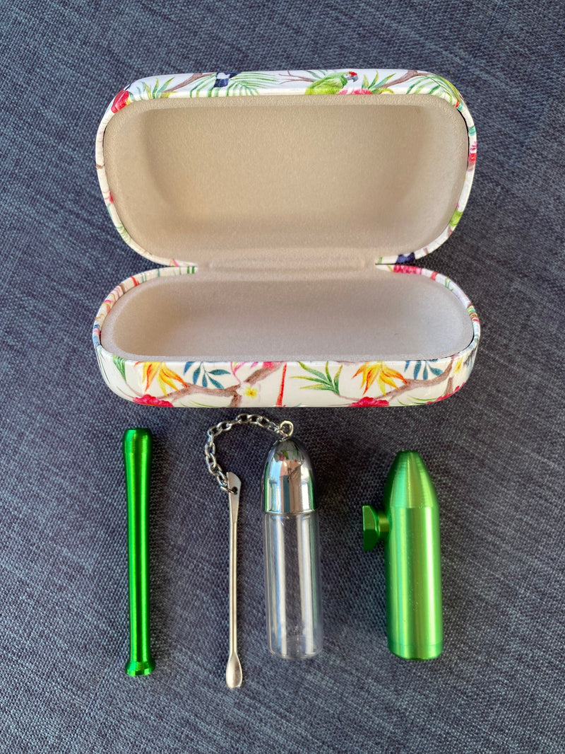 SET Tropical Green/Silver Sniff Snuff Sniffer Snuff Dispenser Dispenser Dispensers (tube, dispenser, dispenser with spoon) in hard case
