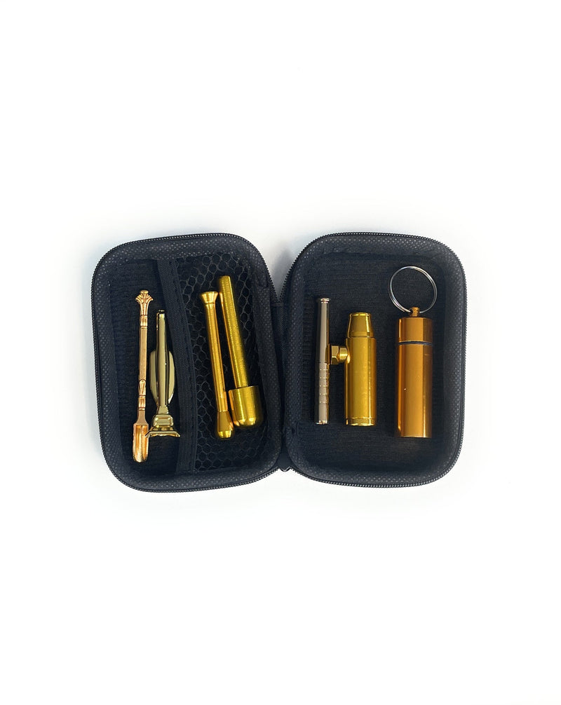 SET Golden Sniff Snuff Sniffer Snuff Dispenser Dispenser (tube, pill box, spoon, doser) in soft case black