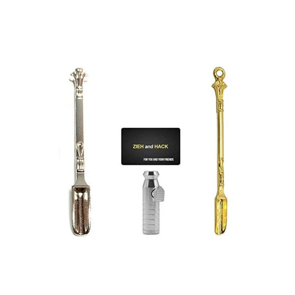 Set 2 x mini spoons (85mm) gold/silver & 1 dispenser silver + 1x pull and hack card charm sniffer snorter snuff snorter powder