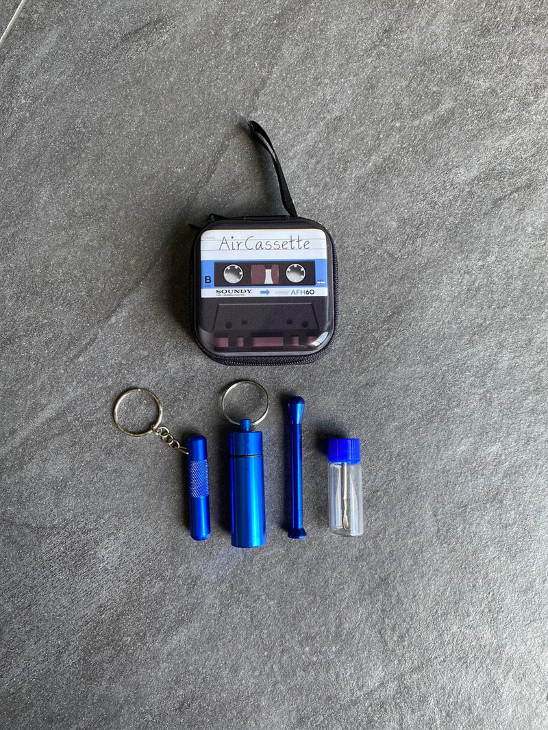 SET Retro Cassette Sniff Snuff Sniffer Snuff Dispenser Dispenser (2 tubes, pill box, dispenser with spoon) in aluminum hard case