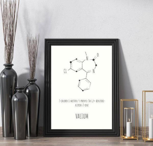 Poster “Valium” A3 including frame in black molecule cocaine molecule fun picture poster wall decoration coke