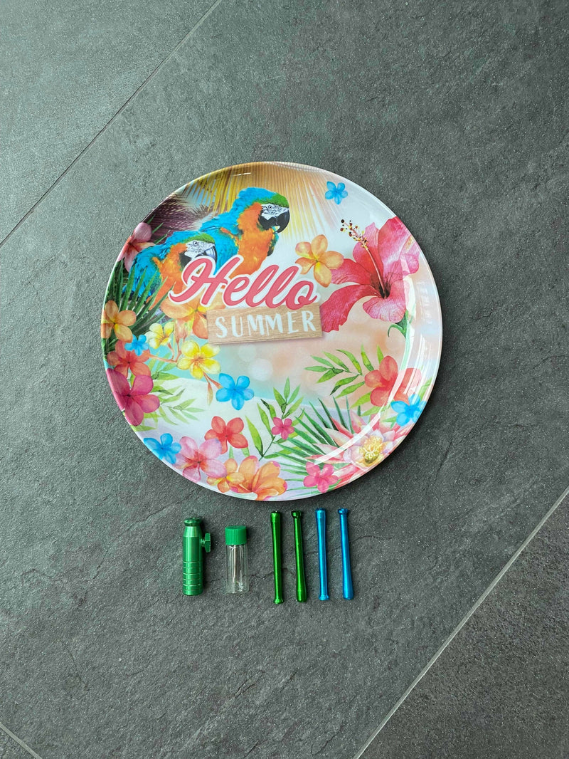 SET Hello Summer 1x melamine board incl. draw tube, doser and dispenser Straw Snuff Nasal Tube Tropical Green Blue Parrot