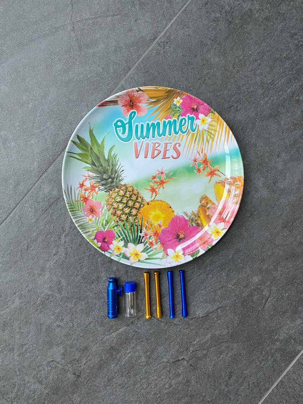 SET Summer Vibes 1x melamine board including drawing tube, dispenser and dispenser Straw Snuff Nasal Tube Tropical Blue Gold Pineapple Tropical