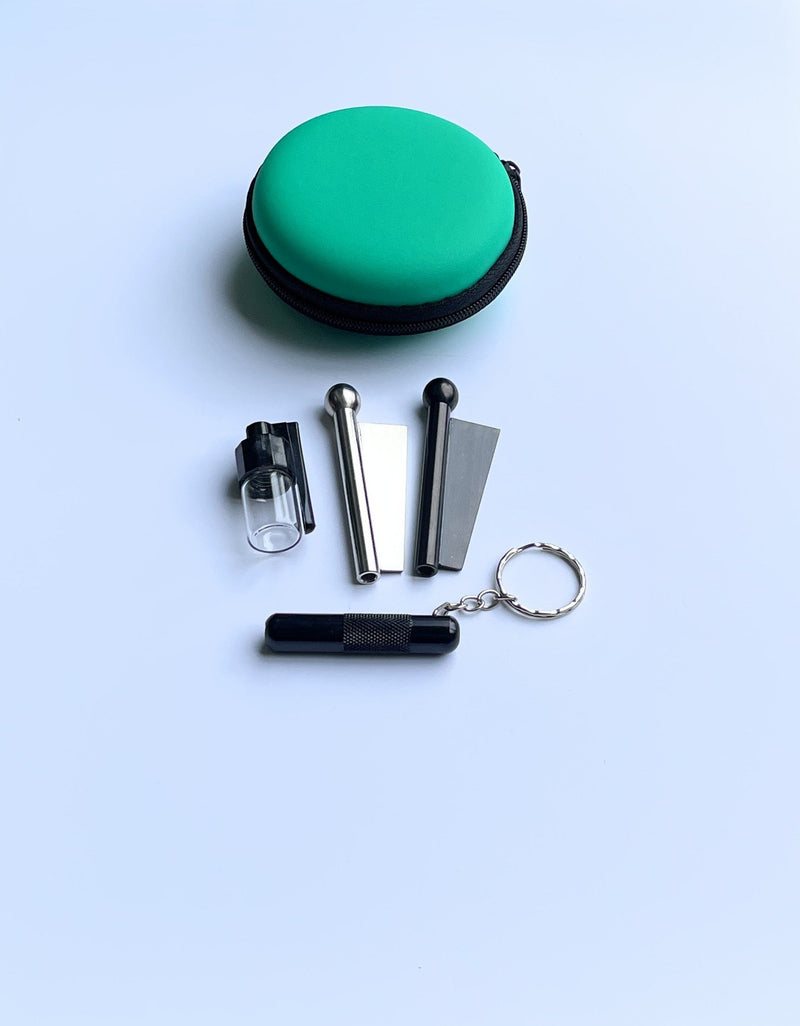 SET vert-turquoise Sniff Snuff Sniffer distributeur de tabac à priser (tube, distributeur avec cuillère, pilulier, distributeur) dans un étui souple vert-turquoise