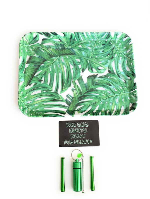 SET Palms 1x melamine board with palm tree motif incl. 2 draw tubes, 1 draw and chop card & 1 pill box with spoon Straw draw pad