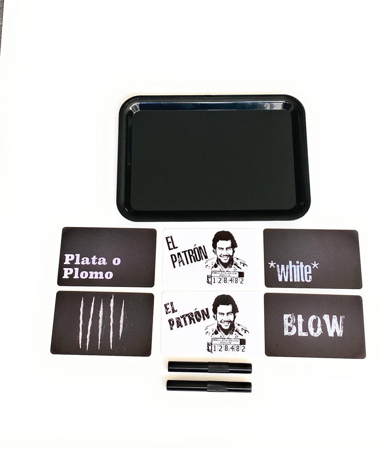 SET Pablo Escobar 1x planche en plastique avec 2 tubes à dessin et 6 cartes de dessin et de piratage Bloc à dessin en paille Sniff Snuff Narcos Plata Plomo