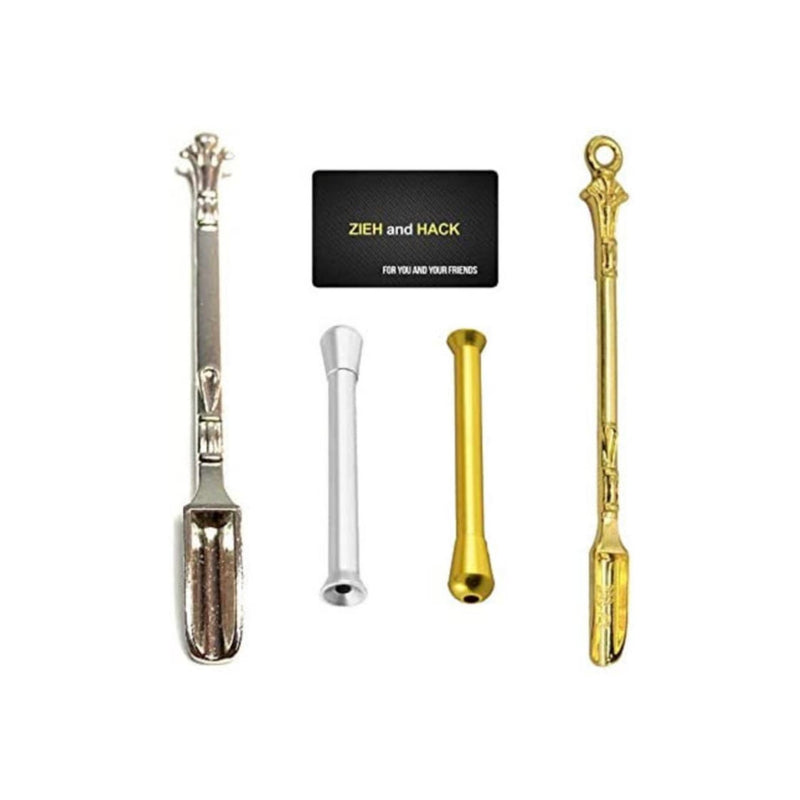 Set 2 x mini spoons (85mm) gold/silver & 2 x drawing tubes gold/silver + 1x pull and hack card charm sniffer snorter snuff snorter powder