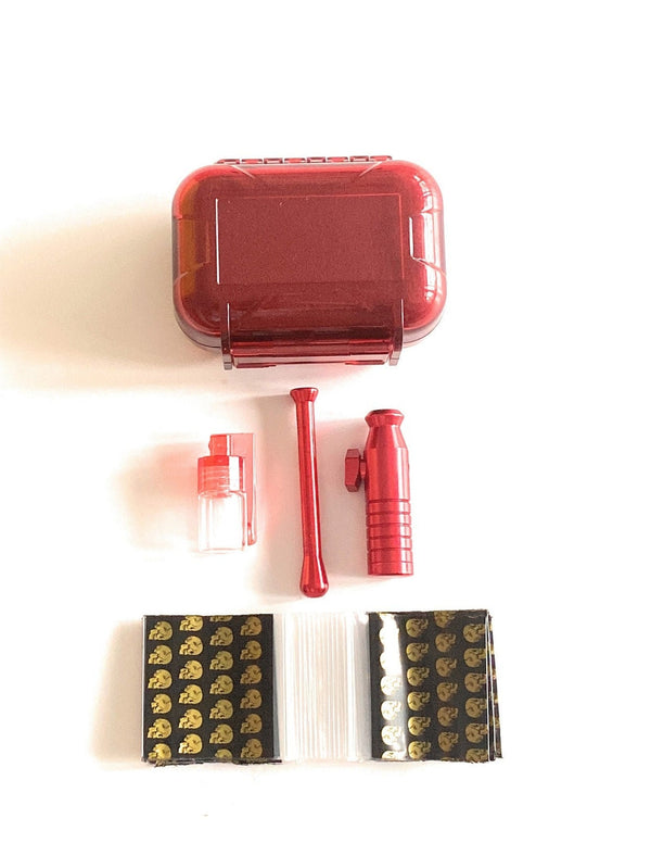 Hard Case Schnupftabak Set "Locker" mit Alu Dosierer, Spender mit Löffel, Ziehröhrchen & Tütchen mit Clip wasserdicht in rot Sniff Snuff