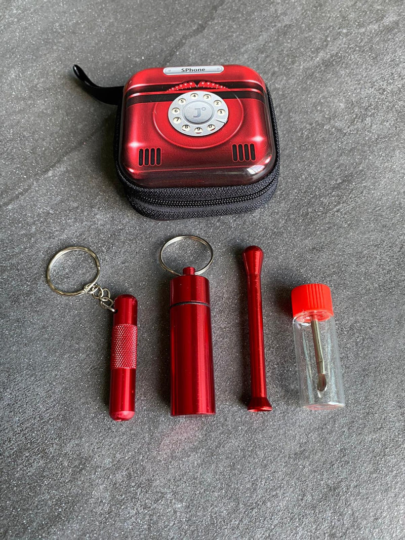 SET Retro Telefon Sniff Snuff Sniffer Schnupf Spender Dispenser (2 Röhrchen, Pillenbox, Spender mit Löffel) in Alu Hard Case