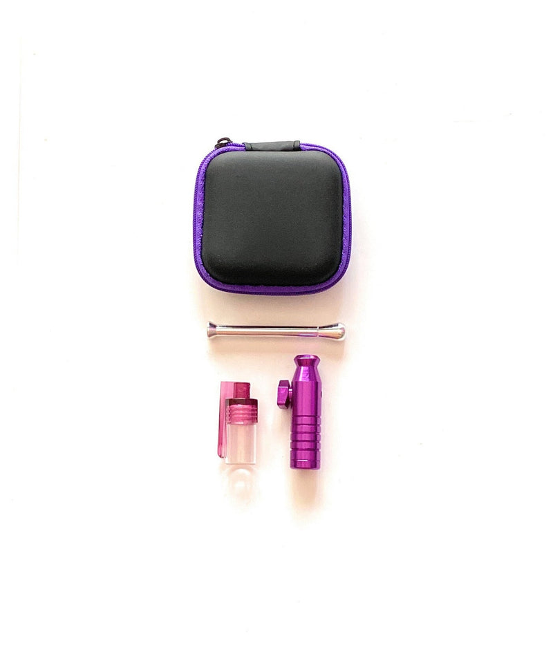SET Lila Sniff Snuff Sniffer Schnupf Spender Dispenser (Röhrchen, Spender mit Löffel, Dosierer) in Soft Case Schwarz - Lila / Pink