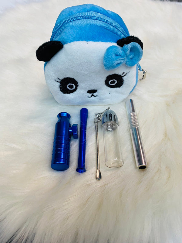 SET Panda Blue Sniff Snuff Sniffer Snuff Distributeur Distributeur (tube, distributeur avec cuillère, distributeur) dans un joli étui en peluche Panda Blue