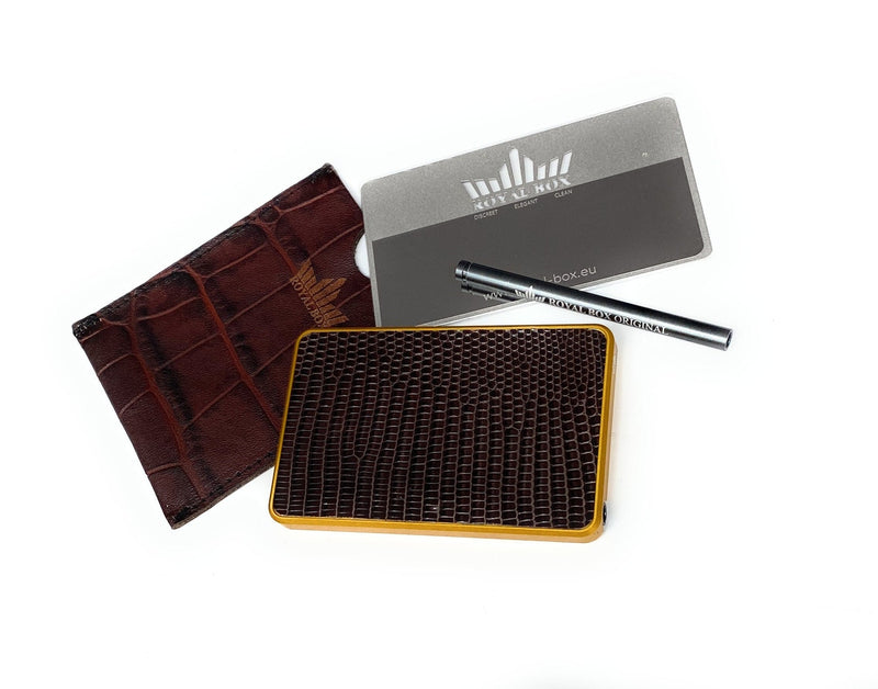 Royal Box Premium en véritable cuir de lézard marron avec 2 tubes, carte et étui en cuir, stylé, élégant, super exclusif en cuir