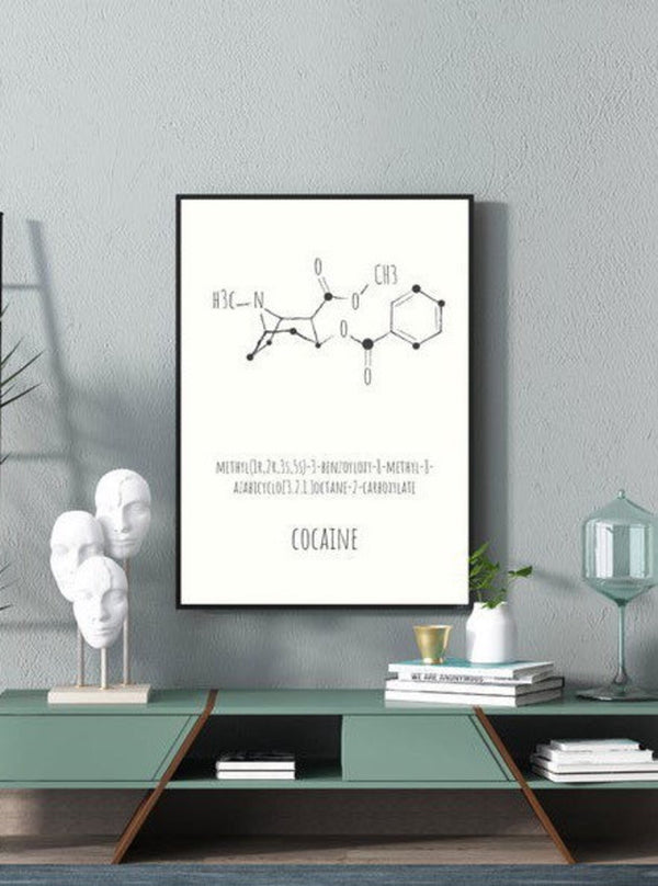 Poster « Cocaïne » A3 avec cadre en molécule noire molécule de cocaïne amusant poster photo décoration murale coca