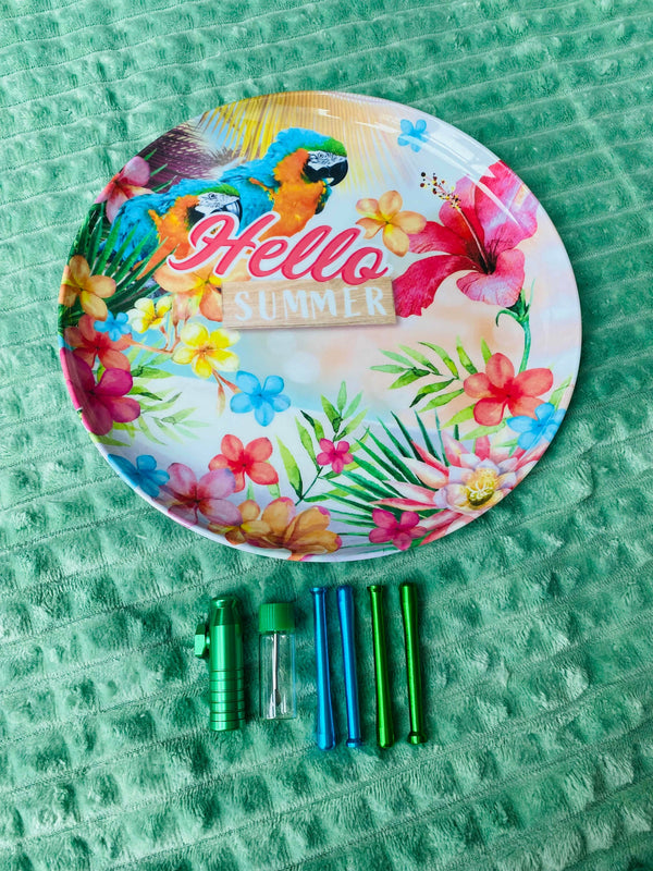 SET Hello Summer 1x melamine board including drawing tube, dispenser and dispenser Straw Snuff Nasal Tube Tropical Green Blue Parrot