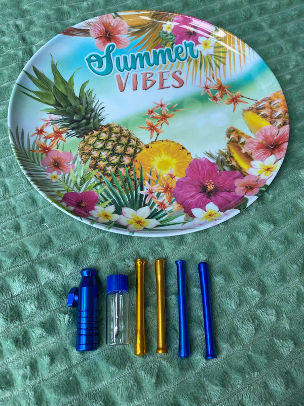 SET Summer Vibes 1x Melamin Brettchen inkl. Ziehröhrchen, Dosierer und Spender Straw Snuff Nasal Tube Tropical Blau Gold Ananas Tropical