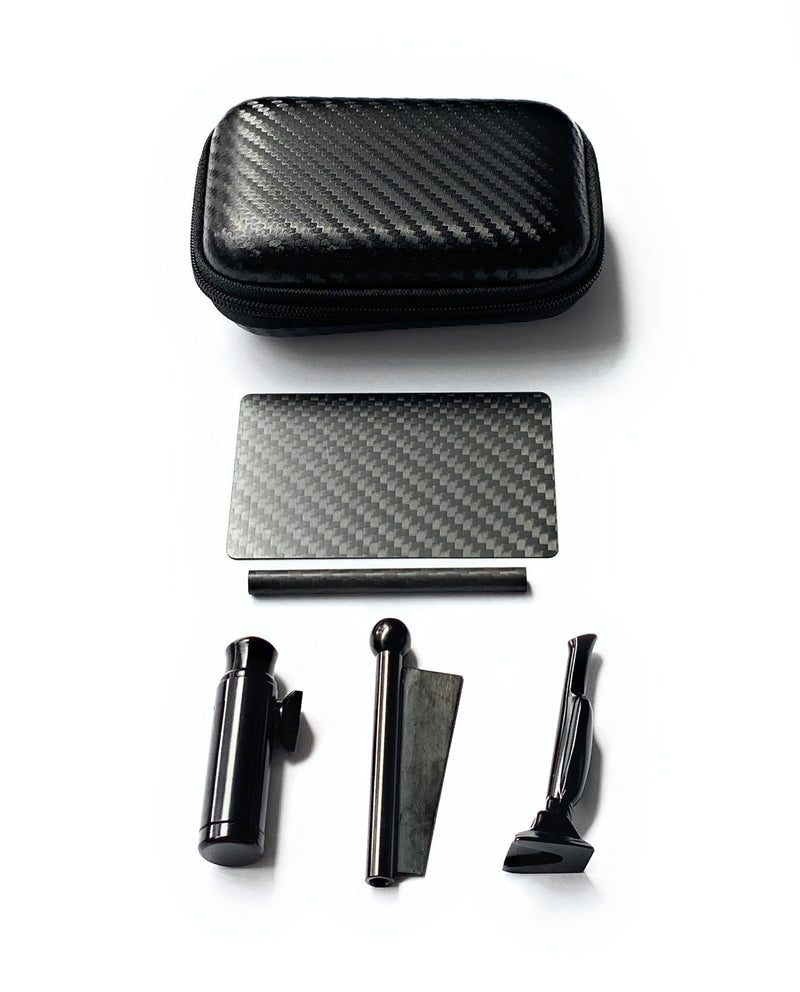 SET Carbon Schwarz Sniff Snuff Sniffer Schnupf Spender Dispenser (Carbon Röhrchen & Hack Karte, Dosierer, Ziehröhrchen) in Soft Case Black