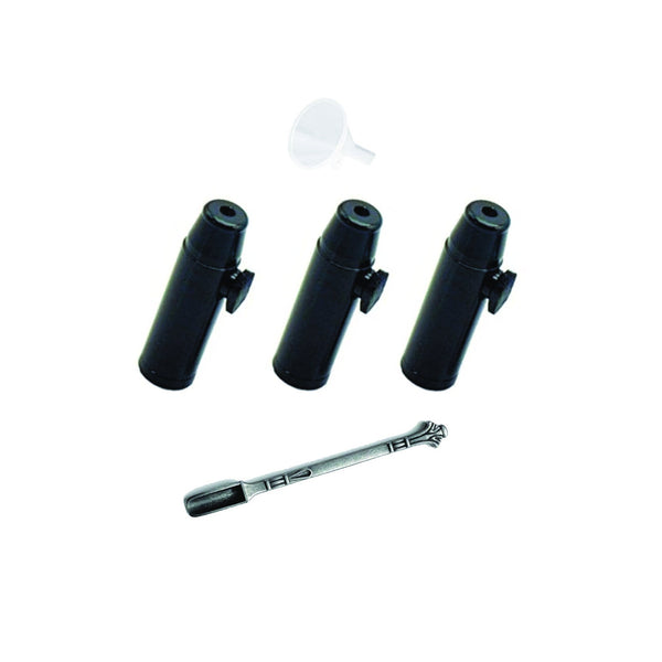 Dosierer SET Portionierer Sniff Snuff Schnupf Spender Dispenser (3x Dosierer, Löffel in Kupfer & Trichter) Schwarz