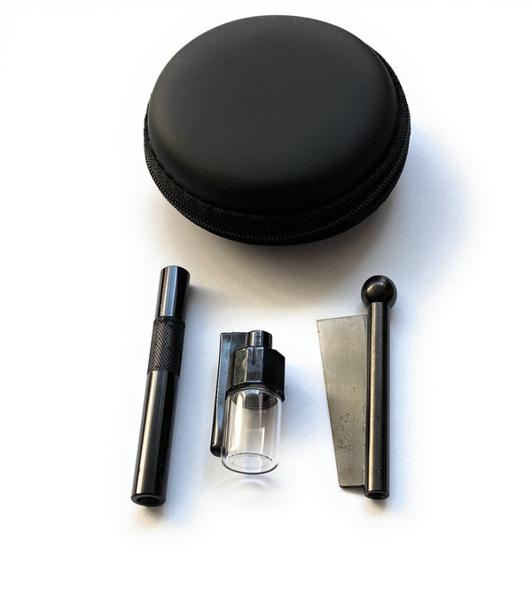 SET Schwarz Sniff Snuff Sniffer Schnupf Spender Dispenser (Röhrchen, 1 x Spender mit Löffel, Röhrchen mit Klinge) in Soft Case Case Schwarz