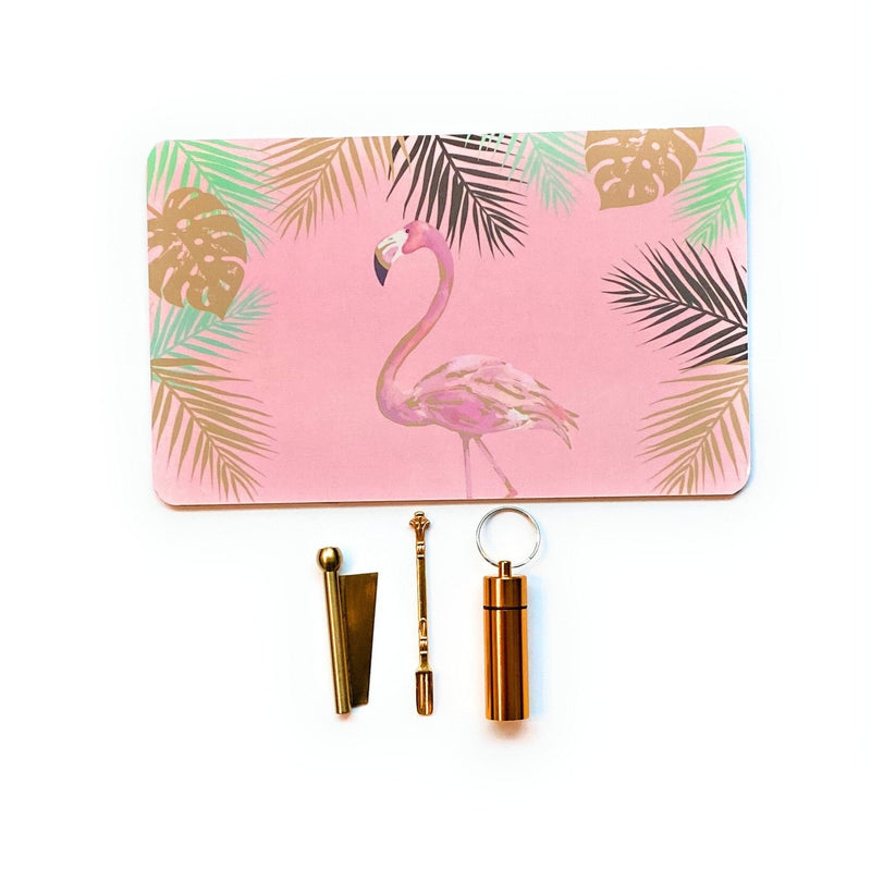 SET Flamingo 1x melamine board incl. drawing tube with blade edge, storage box and spoon Straw Snuff Nasal Tube Pink Gold Flamingo