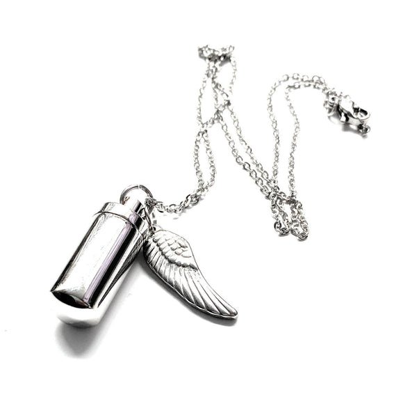 Necklace with fillable capsule and wing pendant in silver (approx. 25cm) chain cylinder necklace pendant for screwing made of stainless steel